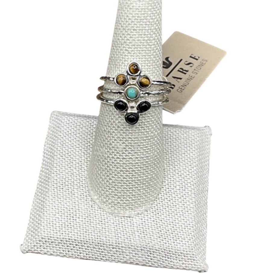 Barse Tripoli Stack Rings- Turquoise Tigers Eye Black Onyx-Silver -775-Nwt 50$